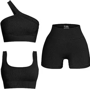Breathable Three-Piece Sports Yoga Shorts Set with Sexy Back Design High Elastic Waist Solid Color Logo Waist Spandex/Nylon