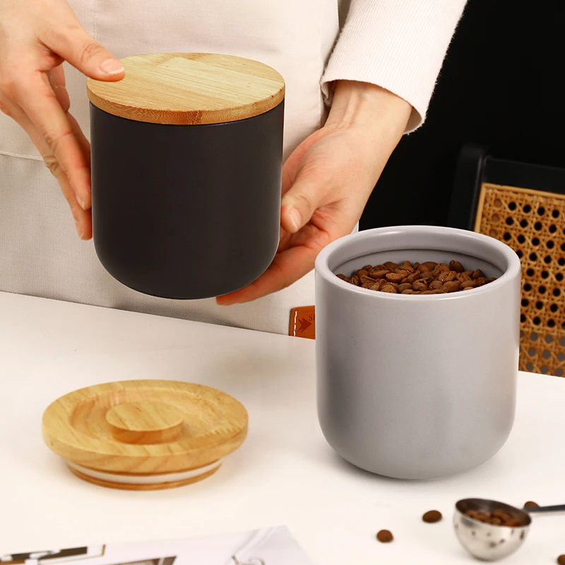 Ceramic Food Storage Jar Canister with Airtight Wooden Lid Modern Design Food Canisters Loose Tea Coffee Sugar Spice Nuts Snacks supplier