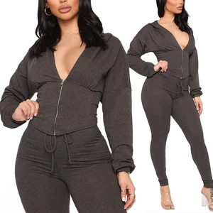 Huili High Quality Outfits Skinny Deep V Neck Zipper Top and Leggings Two Piece Sets Custom Fitness Loungewear Women