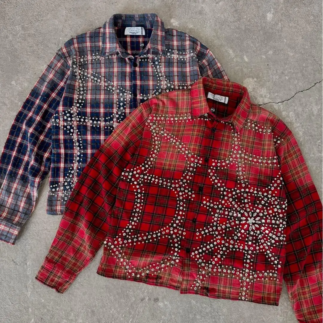 Niestandardowa modna koszulka długa dla mężczyzn z kwadratowym wzorem kryształków hot-fix, w stylu streetwear z rękawami w stylu vintage