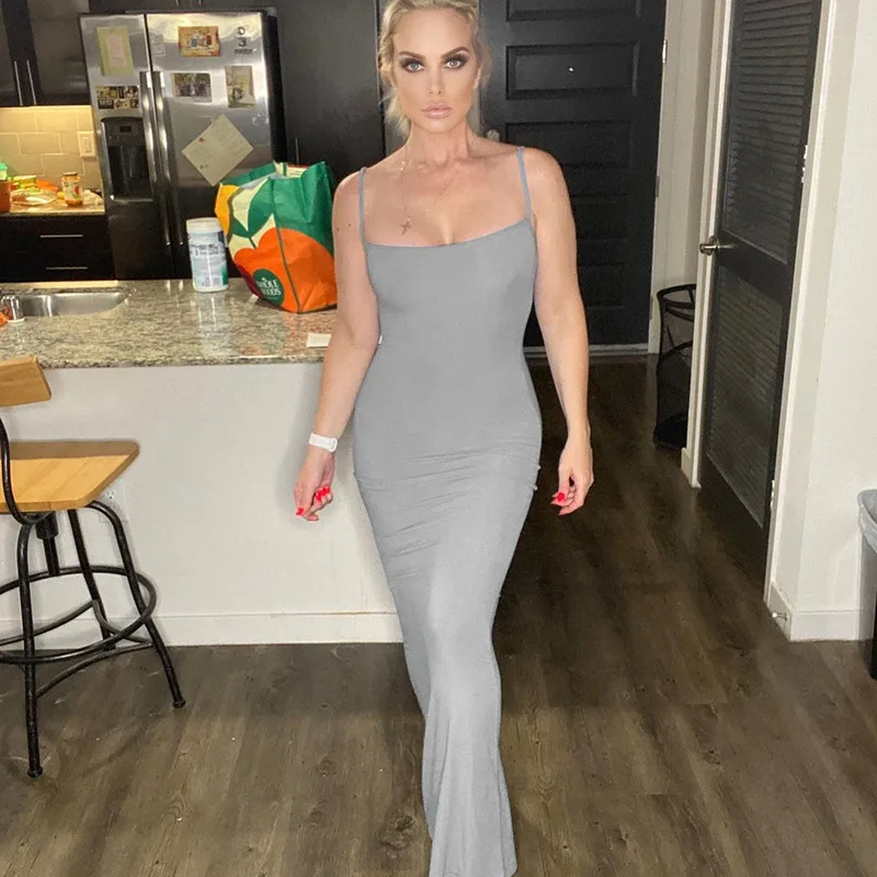 2022  Kardashian Same Style Slim Bodycon Dresses Knitted Blank Solid Buttock Sling Lounge Long Elegant Women Casual Dress