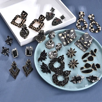 Fashion Women Metal Resin Flower Geometric Statement Earrings Black Glass Crystal Earrings