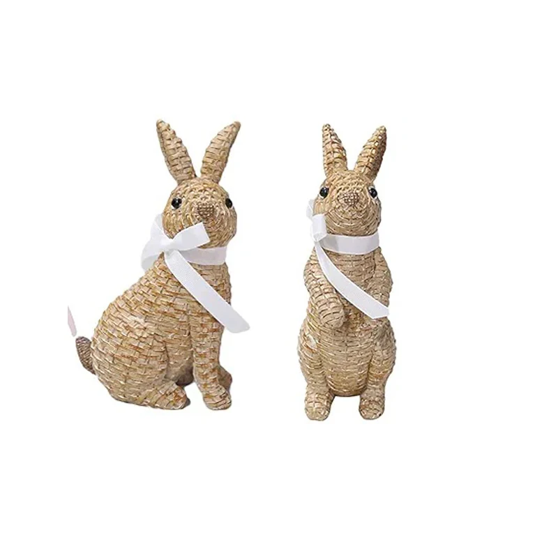 2024 Easter Small Rabbit Decoration Resin Natural Rattan Wicker Bunnies Statue Rabbit with White Bow Polyresin Home Decoration