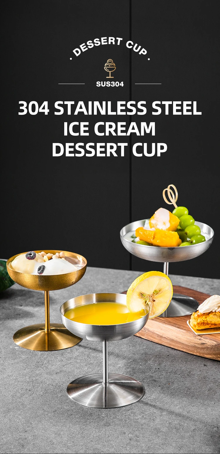 Fast Shipment Golden High Frost-proof Bottom Round Food Safety Metal Yogurt Juice Cocktail Wine Stainless Steel Ice Cream Cup