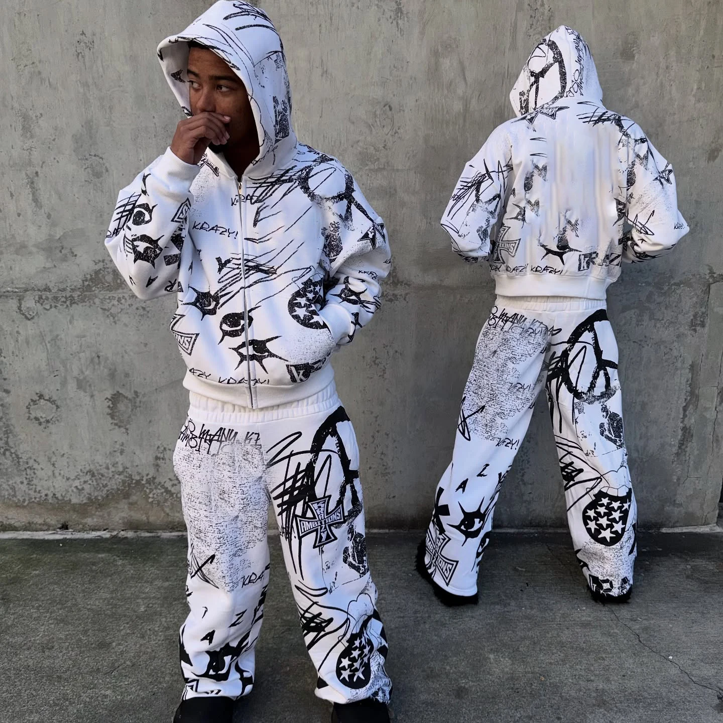 Salati ODM Custom Vintage Print Set Heavyweight Cotton Zip Hoodie Oversized Loose Low-Rise Street Sportswear Pants Tracksuit gallery 7