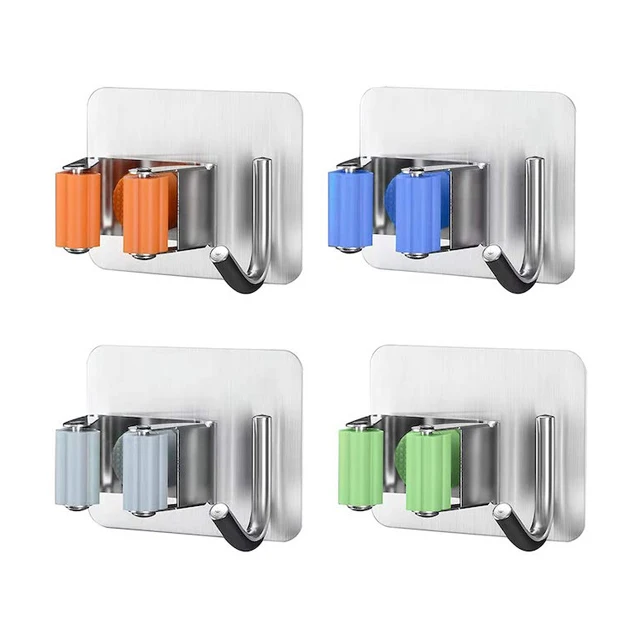 CUSTOM OEM Double Clip Mop Holder Wall Mount Space-Saving Stainless Steel Mop and Broom Holder with Hook Silver