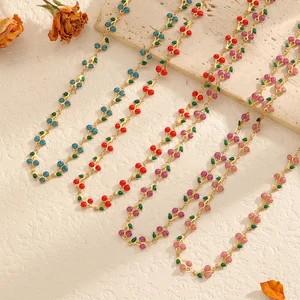Wholesale Necklace 18K Stainless Steel Waterproof Sweatproof Cherry Leaf Pink Glitter Clavicle Chain