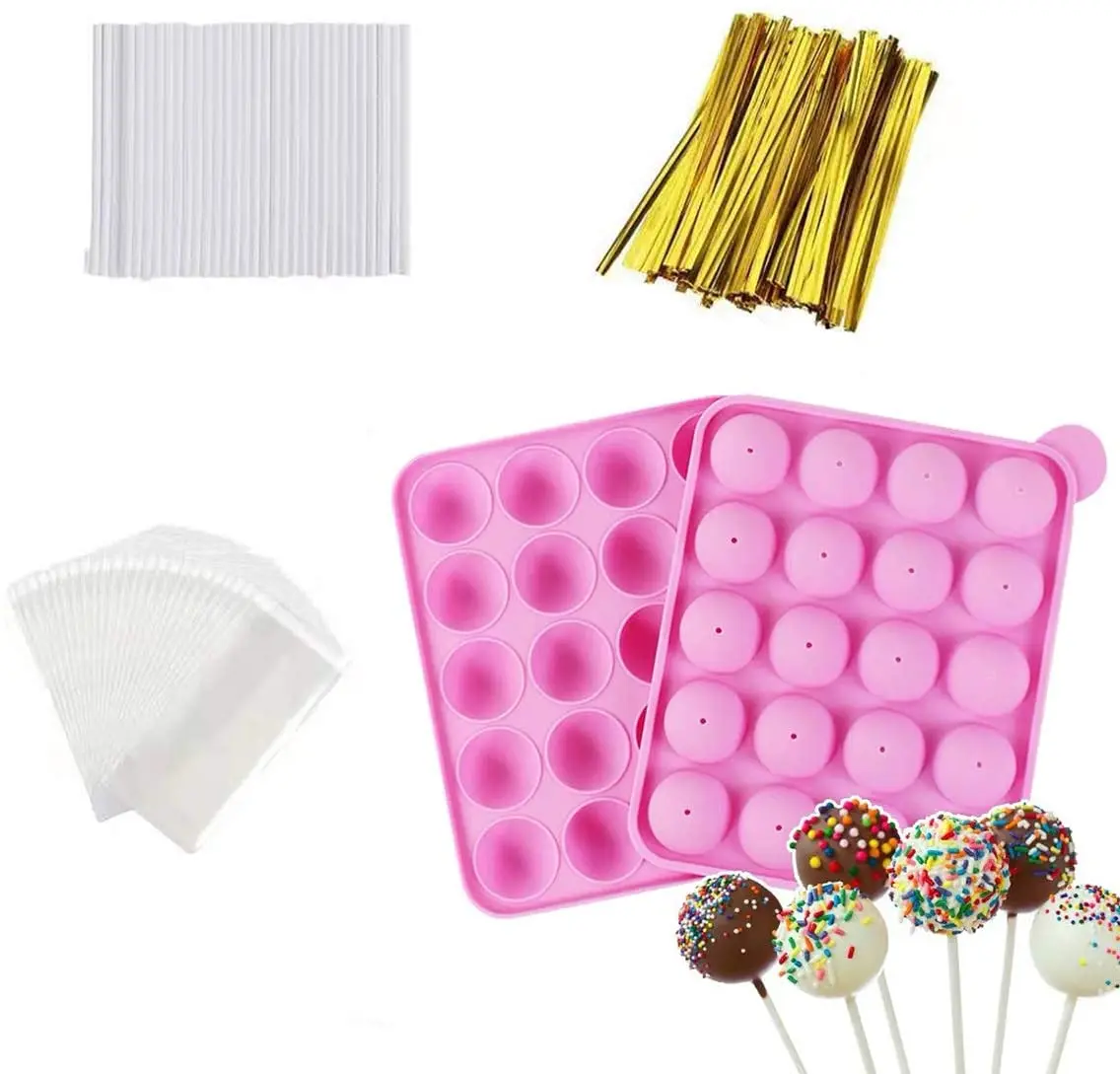 Moule à cake pops en silicone avec 20 emplacements et 20 bâtonnets en plastique pour décoration de fête ou de maison Rose 