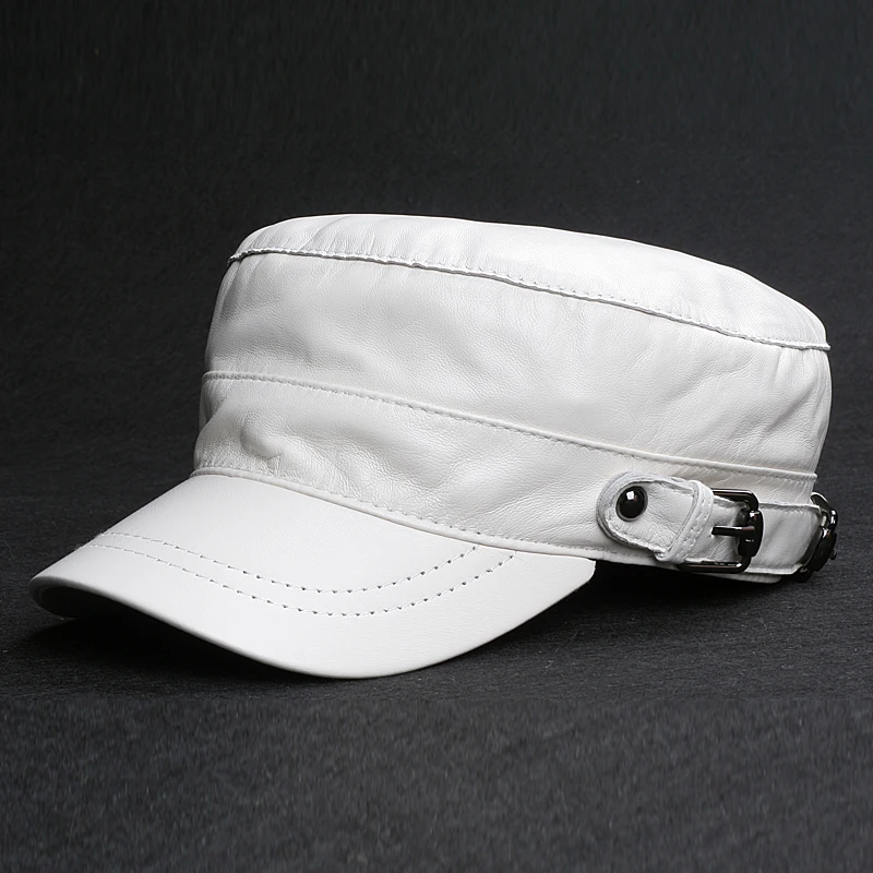 Men 100% Leather Fitted White Caps 