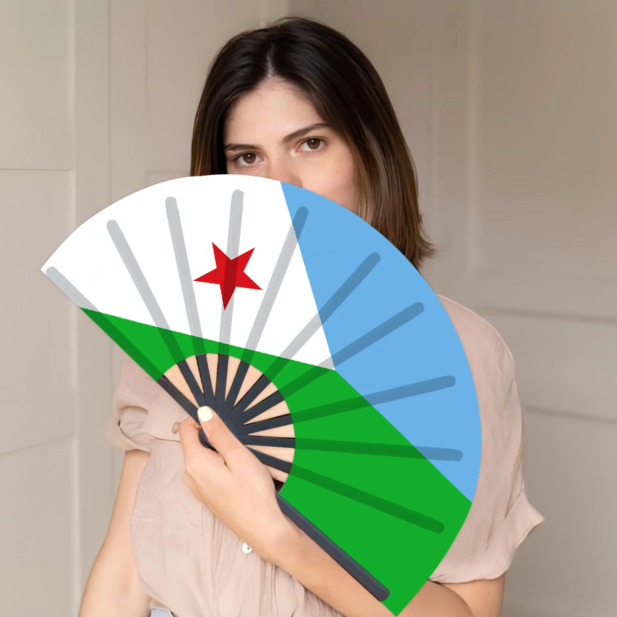 Handfächer mit Dschibuti-Flagge, 33 cm, zur Kultur des Horns von Afrika, verstellbar, dekorativ für Festivals und Events_voghion.com