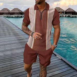 2025 Men's New Fashionable Color Blocked Zipper Short Sleeved Shorts Casual Set