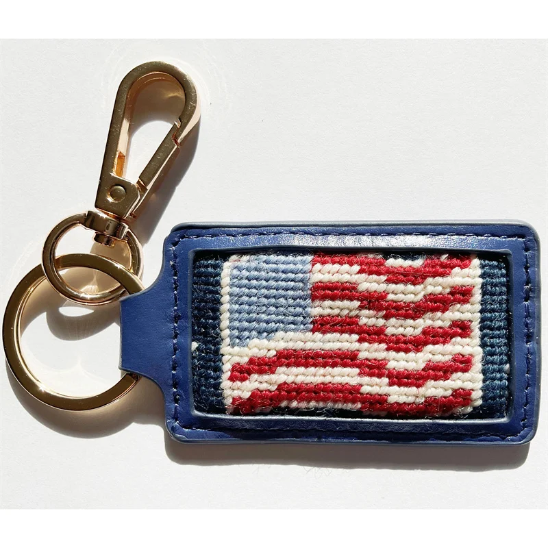 SNK006 Custom Design Key Chain Genuine Leather Key Holder with American Flag Stitch & Needlepoint Fashionable Handcraft Key Fob