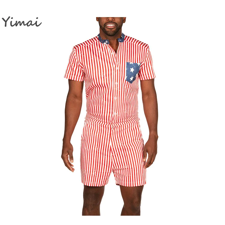 Source Custom Adult Men Short Onesie Pajamas Cotton Stripe Jumpsuit Summer Bro Romper on