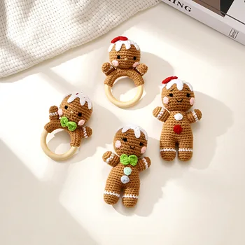 Handmade Christmas Crochet Gingerbread Man Animal Rattle Knitted Cartoon Doll for Baby Soothing and Chewable