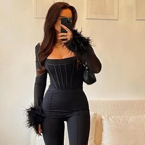 2022 New Popular Women Solid Square Collar Patchwork Mesh Long Sleeve Feathers Slim Sexy T-shirt