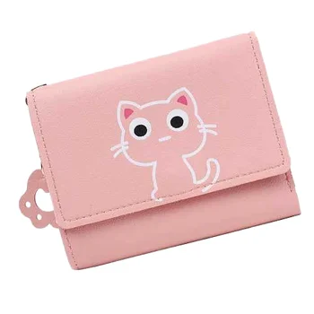 Kawaii Cartoon Pattern Women's Long PU Leather Cute Solid Color Mini Purse Zipper for Students Ladies Includes ID Card Polyester