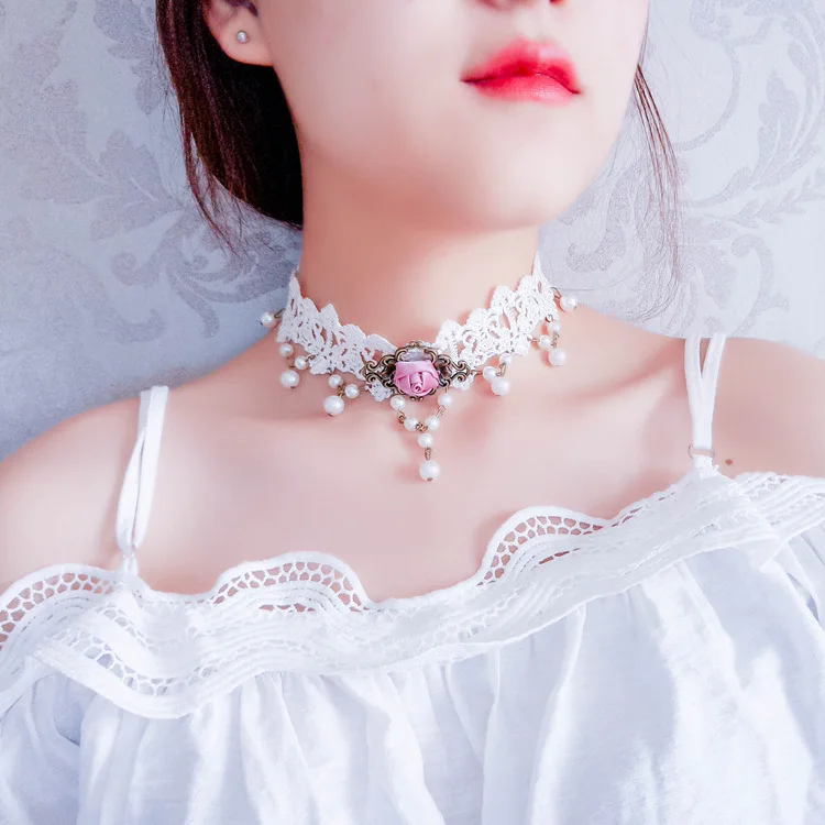 Roses on White Lace Choker Necklace