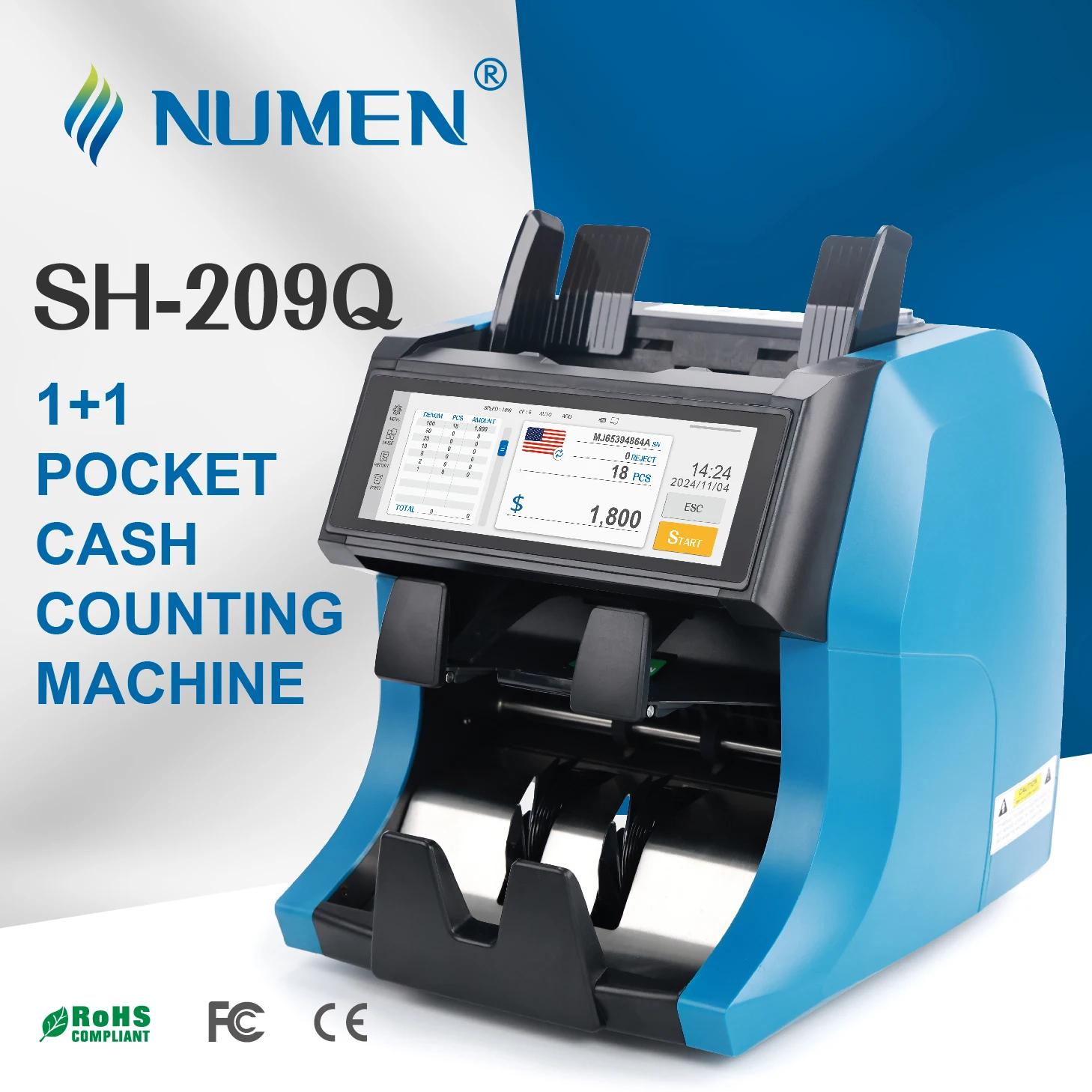 NUMEN SH-209Q Full Touch Screen Two Pockets Bill Banknote Cash Money Note Currency Sorter Mixed Money Counting Machine