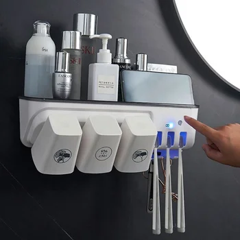 High Quality Durable Wall Mounted Toothbrush Holder Set UV Sterilization Automatic Toothpaste Dispenser for Use for Restaurants