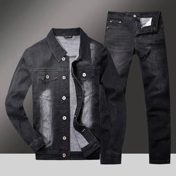 Autumn Korean Mens Denim Jacket Two Piece Set Slim Fit Hole Ripped Jeans  Casual Unisex Cowboy Outfit Clothing Matching Sets - Men's Sets - AliExpress