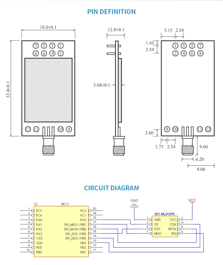 Ebyte E01-ML01DP5 NRF24L01P 2.4GHz PA LNA RF Wireless Transceiver Module
