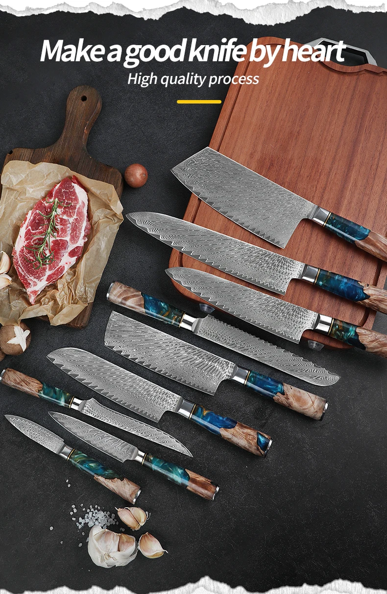 Chef Cooking 67layers VG10 Damascus Knife Set Japanese Kitchen Knives  Blue Resin Handle Damascus Steel Knife