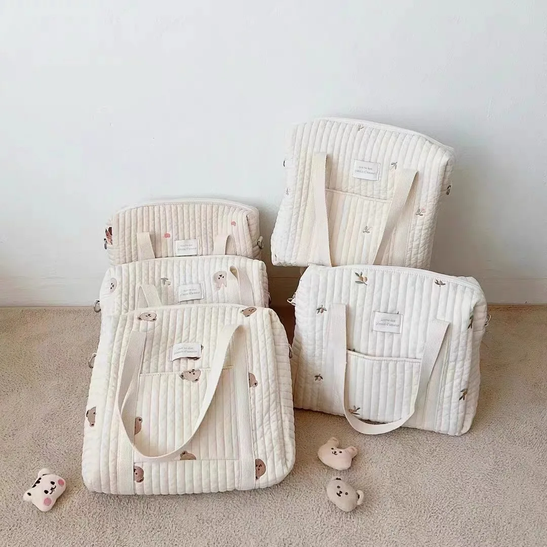 Korean Newborn Baby Care Diaper Bag Mummy Shoulder Bags Bear Embroidery  Quilted Stroller Storage Organizer Large Messenger Bag - AliExpress