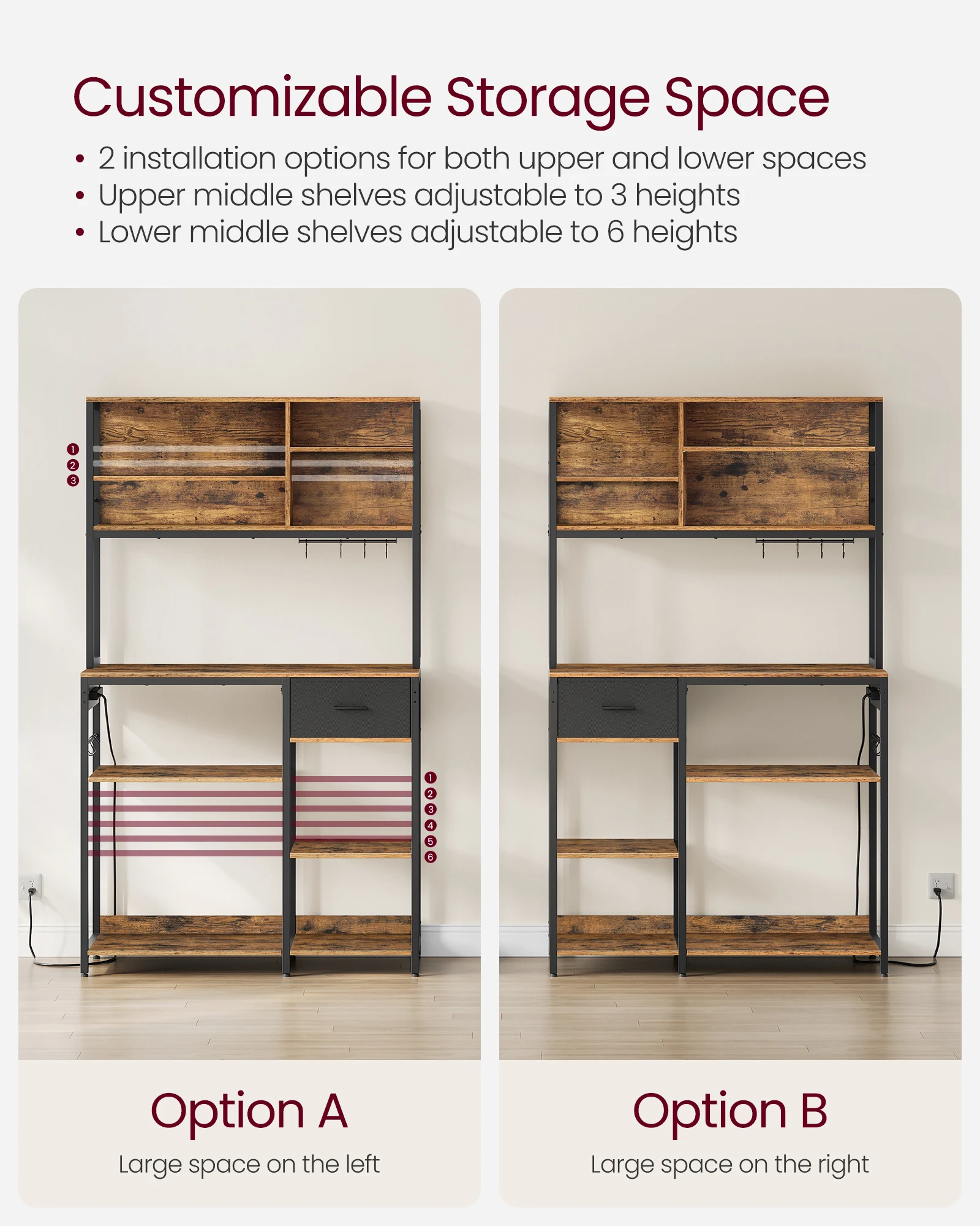 VASAGLE 12 Hooks Coffee Bar Stand with Adjustable Storage Shelves Bakers Rack with Drawer