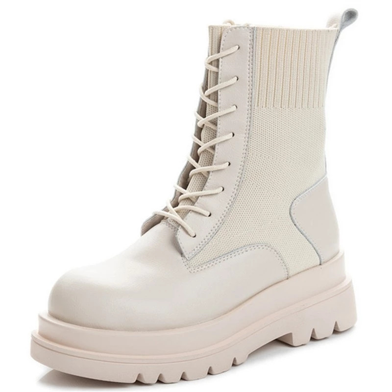 Прямая поставка, женские вязаные сапоги из натуральной кожи с пользовательским логотипом, осенние женские сапоги на толстой подошве, повседневная обувь в простом стиле INS