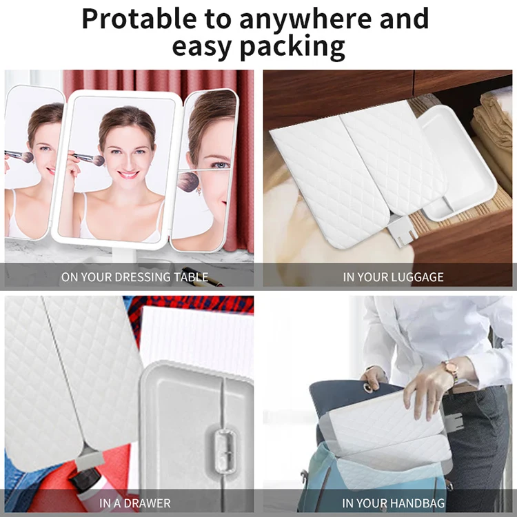 Factory Customized High Quality Tabletop 360 Trifold Cosmetic Standing Mirror 3 Sided Three Way Led Vanity Mirror with Lamp