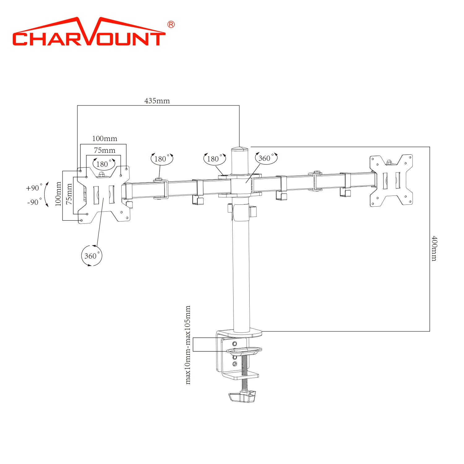 CHARMOUNT 360 Degrees Rotation Double Arms Desktop Mount Computer Double Monitor Arm Mount