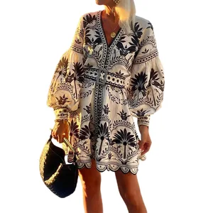 2026 Sprint/Summer New Women's Solid Woven V-neck Long Puff Sleeve A-Line Beach Mini Dress