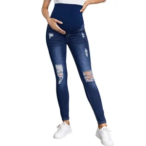 High-Waisted Maternity Jeans with Belly Support, Ripped Details, Slim-Fit Ankle Cut, Elastic Fabric for Autumn and Winter