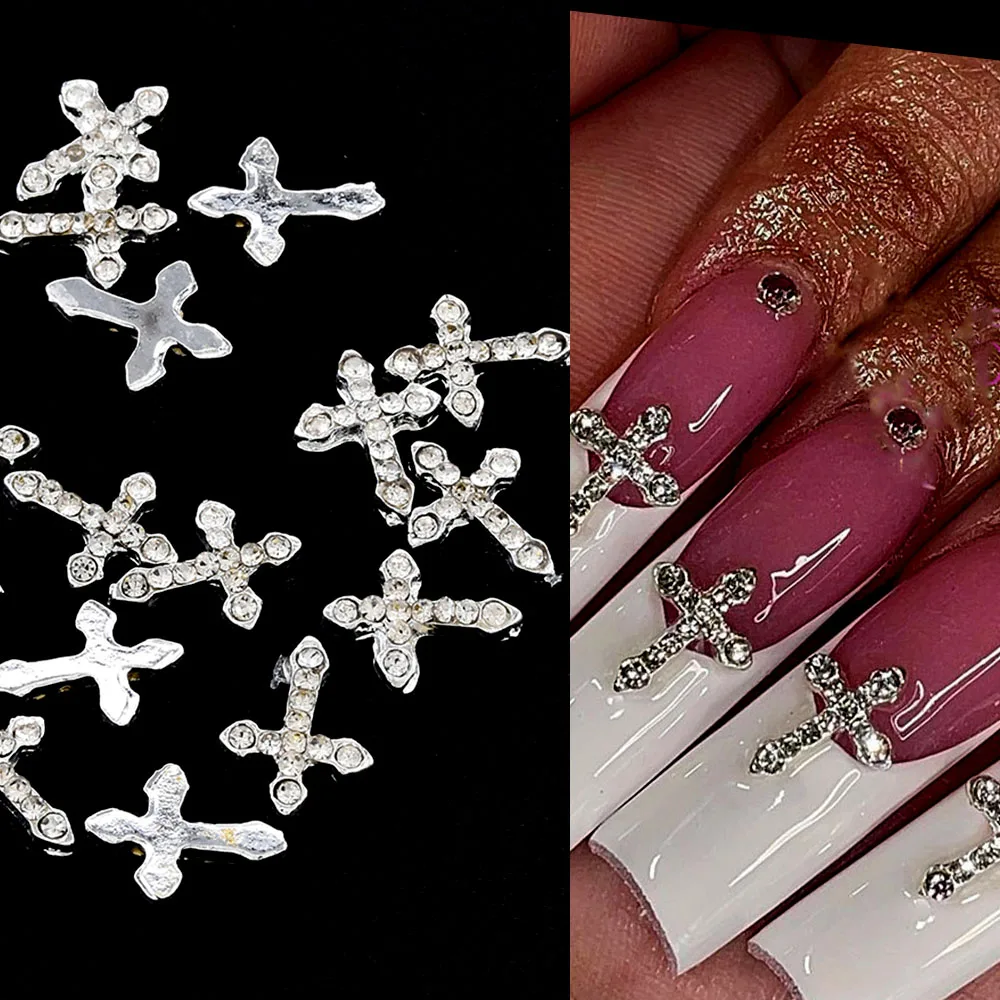 Black Friday Classic Full Glitter Rhinestones Cross 3D Nail Charms,  10pcs/pack Alloy With Tiny Pearl Nail Art Decorations Nails Tools