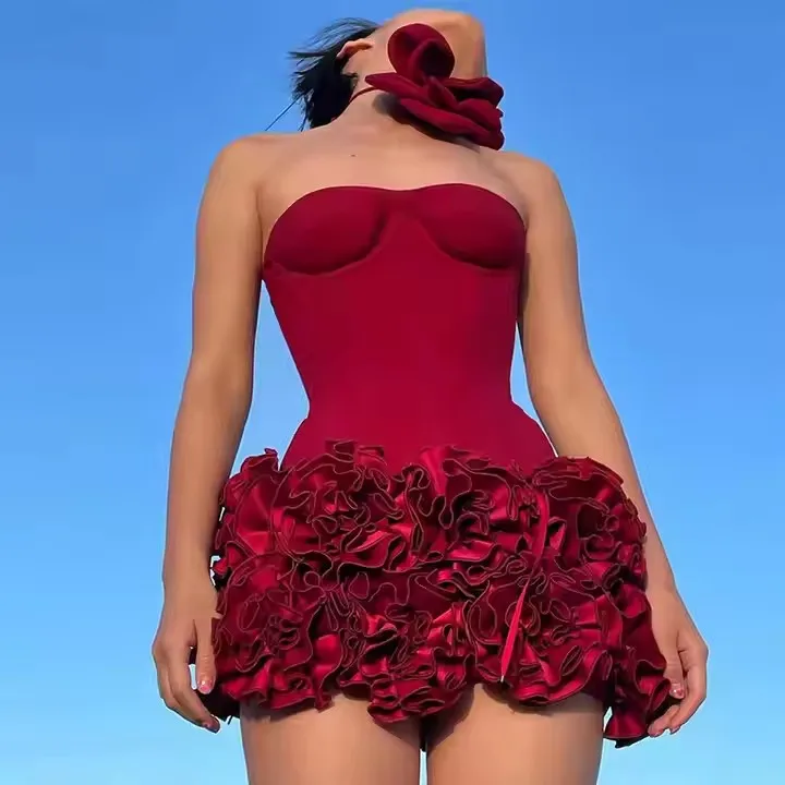 Wholesale Strapless Backless Red Tructured Floral Embellished Mini Length Bodycon Christmas Dress Celebrity Party Cocktail Dress,1 Bag