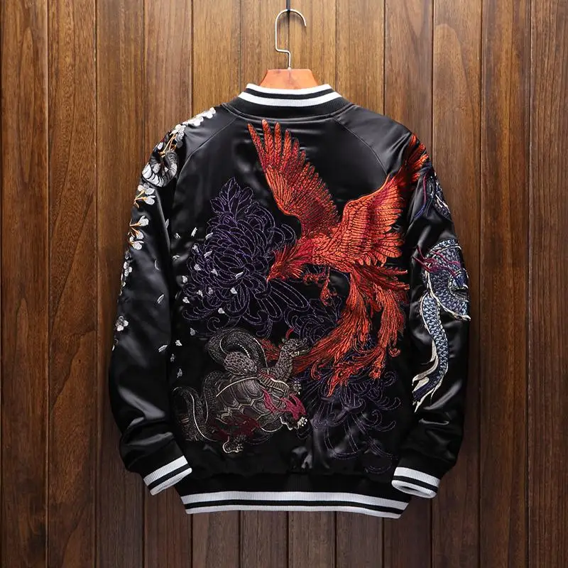 JKT205 FujiSea Double orders Dragon Embroidery Sukajan Souvenir Jacket for Unisex [Black Background and Champagne Color Sleeve]