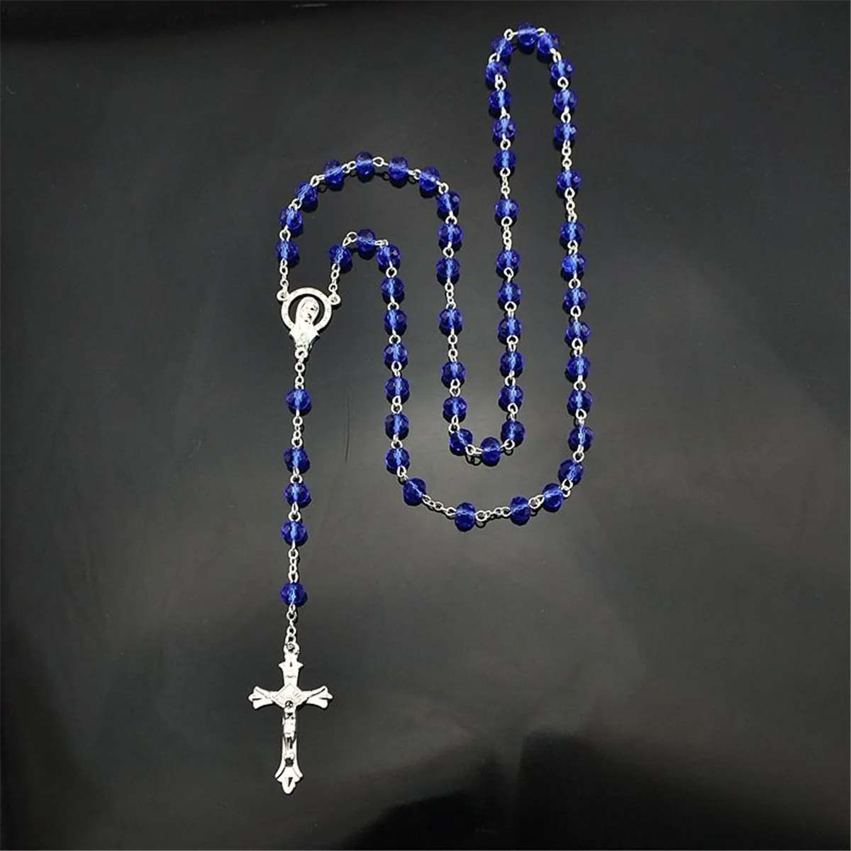 Mens Royal Blue Catholic Virgin Mary Crystal Beads Womens Silver Rosary