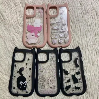 For iPhone Case TPU Acrylic Phone Cover For iPhone 13 Pro 14 15 3D Pink Cat Ears Custom Cartoon Phone Case
