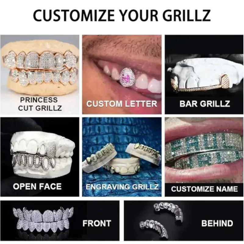 Custom Vampire Teeth Grillz Mouth Body Gem Stone Hip Hop Men Silver 18k ...