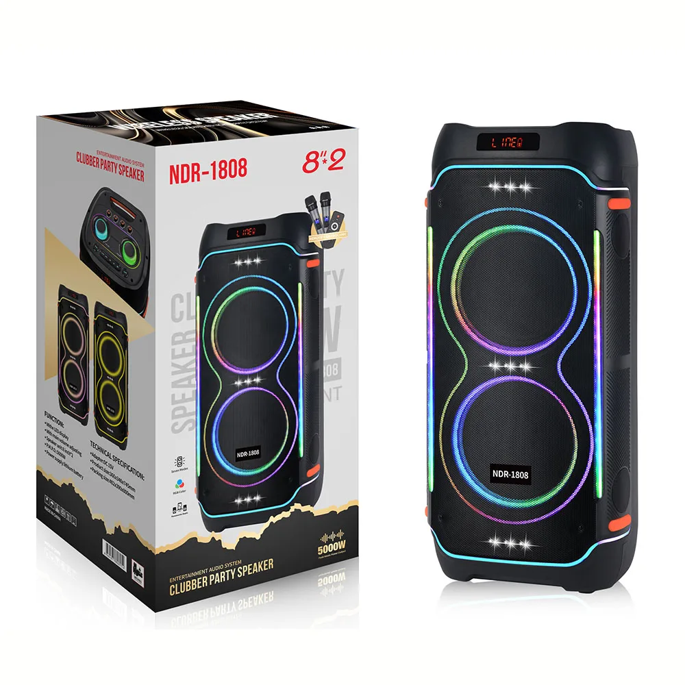 NDR1808 8 Inch Big Power Wireless Blue-tooth Outdoor Karaoke Speaker with 2 Mic RGB Light Stereo Bass HIFI Music Party Speaker