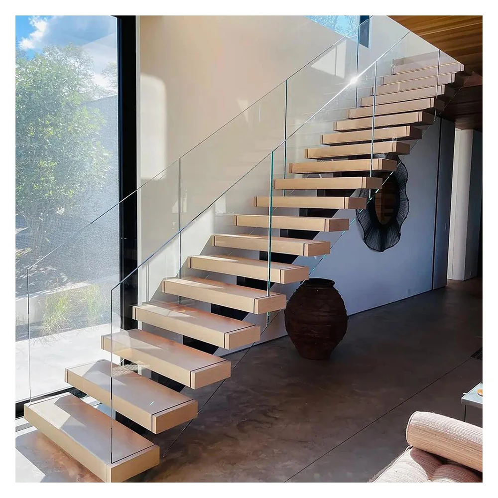 Factory Price LED Lights Stairs Mono Stringer Straight Open Riser Staircase Floating Stair Kits