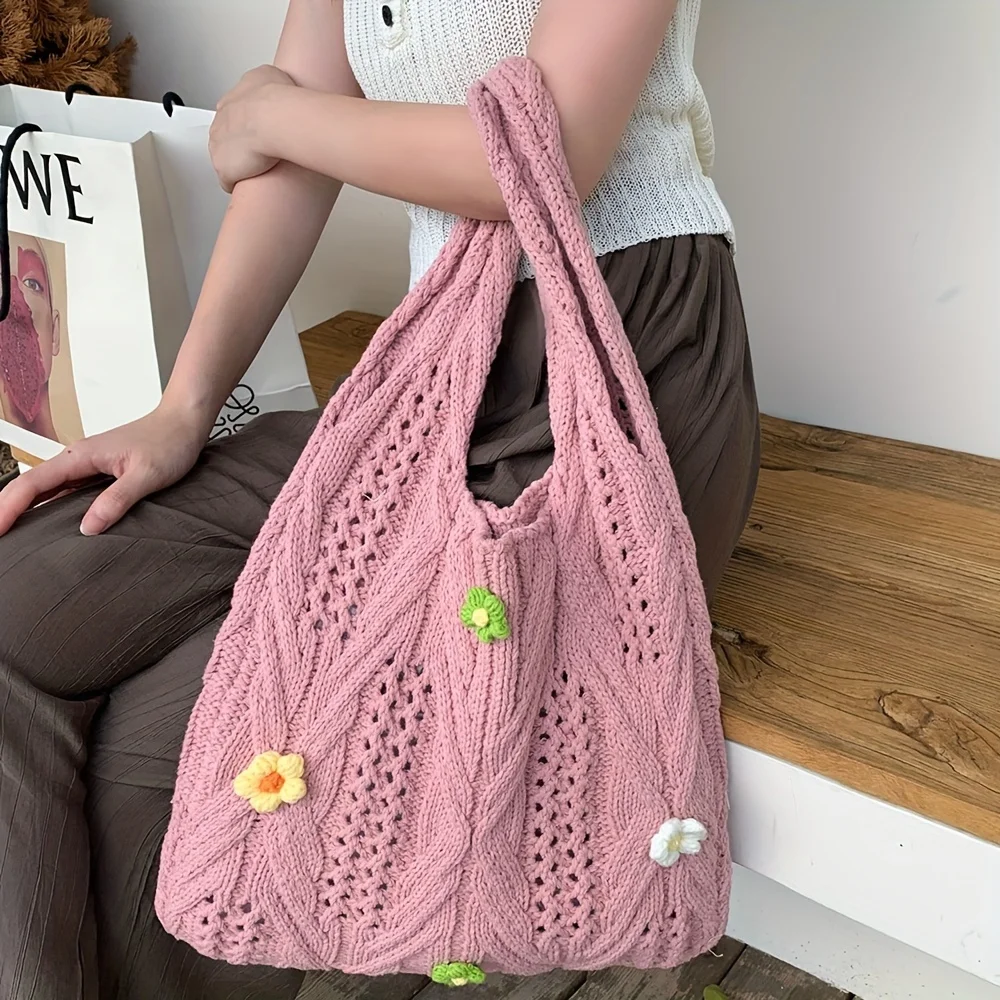 Aesthetic Crochet Shopper Spring/summer Flower Decor Knitted Tote