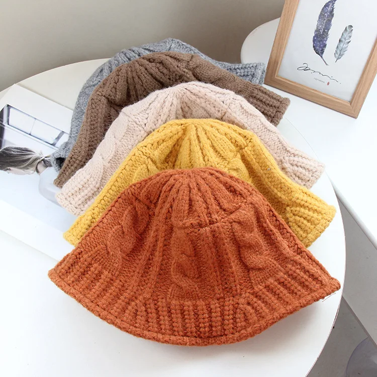 New custom designer winter fashion women warm cable knit hats yellow knitted crochet bucket hat with your own logo