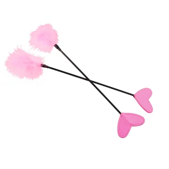 46CM PU Leather Horse Whip Paddle for BDSM Flirting Sex Game, Decoration Heart Pink Feather Paddle for Stage performance props