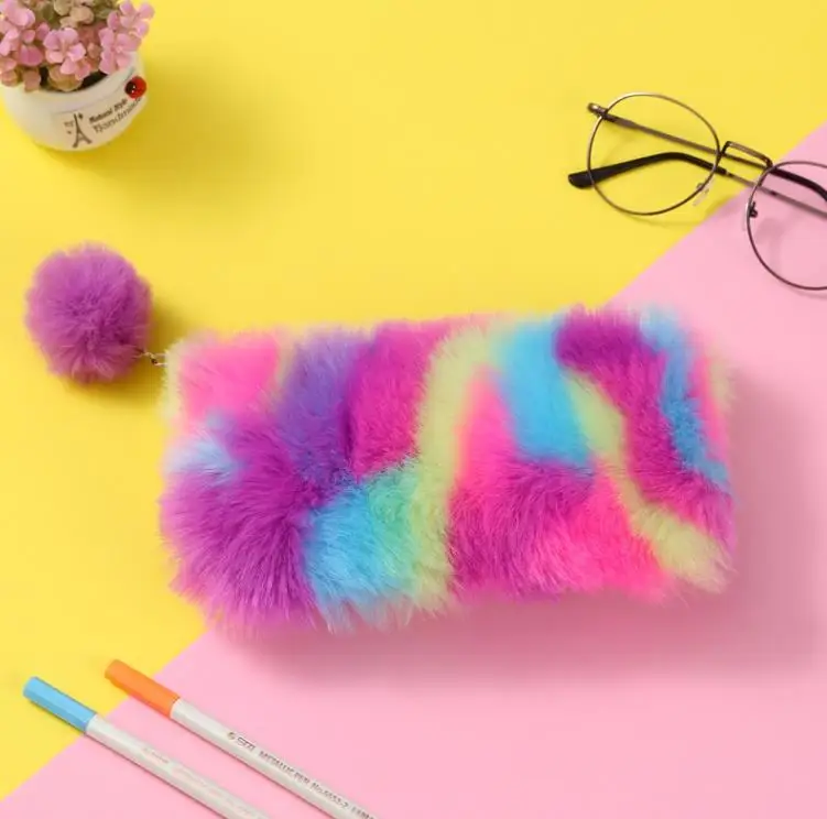 Wholesale Custom Cute Rainbow Colored Fluffy Plush Pencil Case Pouch 