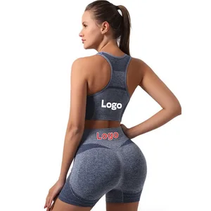 Custom Logo Wholesale Women's Gym Vest Seamless Scrunch Butt Yoga Pant Sport Fitness Workout High Waist Short Leggings Yoga Set