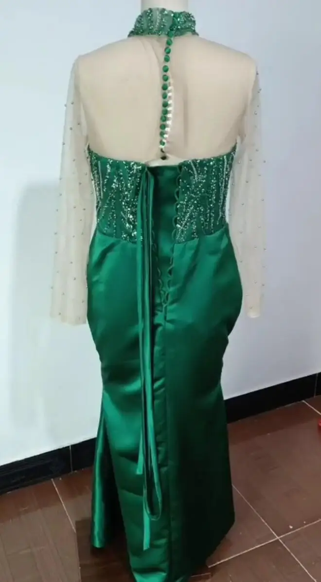 2024 African Green Mermaid Prom Dresses High Neck Long Sleeve Beaded Lace Evening Dress Floor Length Mermaid Sequined Dress