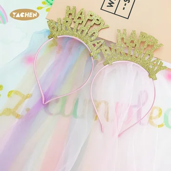 YACHEN Happy Birthday Tiara Hair Accessories Cute Tulle Glitter Birthday Headbands for Girls Women Birthday Party Favors