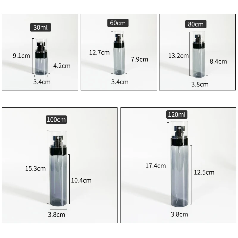 Empty Fine Mist 120ml Round PET Plastic Perfume Toner Black Spray Bottle Screw Cap 30ml 60 80 100 ml