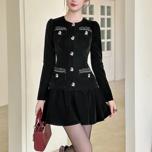 ZYHT 21920 Black Velvet Dresses for Ladies Long Sleeve Button Front Women's Dresses with Pearl Flower Embellishments